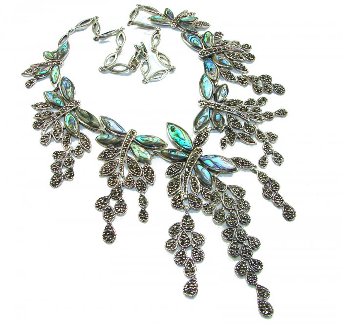 HUGE 80.5 grams Seven Butterflies design genuine Raibow Abalone .925 Sterling Silver handcrafted Necklace - video