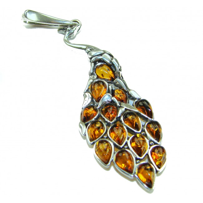 2 7/8 inches! Peacock Prehistoric Authentic Baltic Amber .925 Sterling Silver beautifully handcrafted Pendant