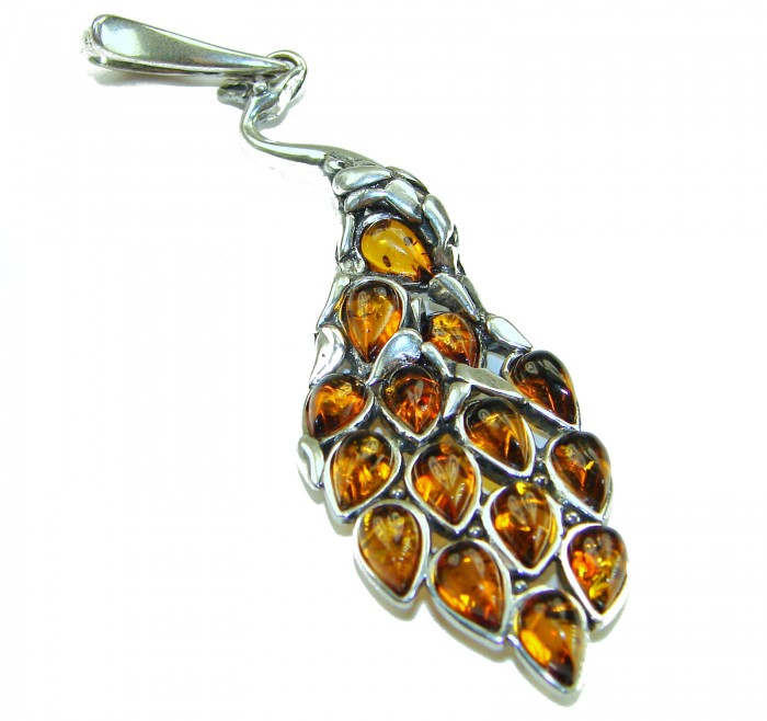 2 7/8 inches! Peacock Prehistoric Authentic Baltic Amber .925 Sterling Silver beautifully handcrafted Pendant