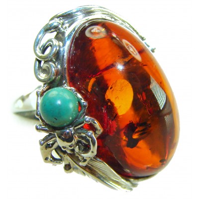 Blue Spider - Natural Baltic Amber Turquoise .925 Sterling Silver handcrafted ring; s. 7 adjustable