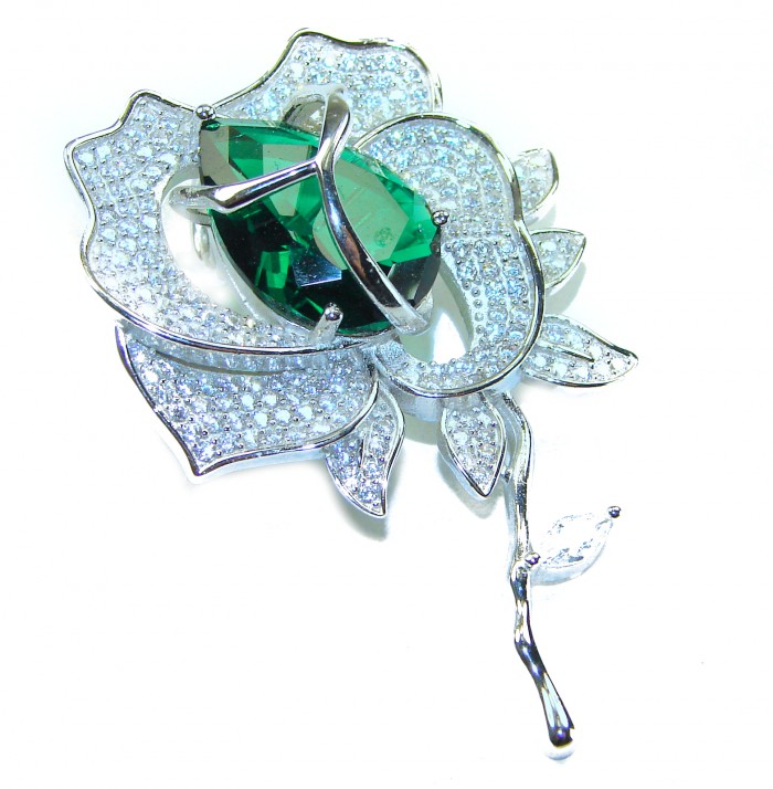 Retro Style - Precious Rose Genuine 12.5 carat Colombian Emerald .925 Sterling Silver handmade Pendant - Brooch
