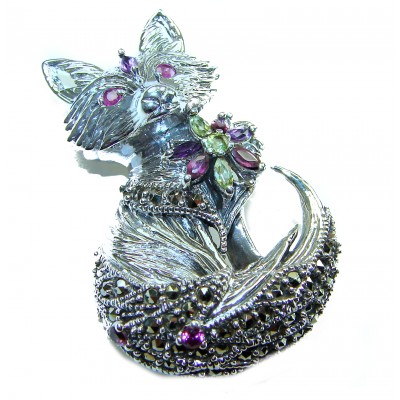 Fox - Natural Ruby .925 Sterling Silver handmade Pendant Brooch
