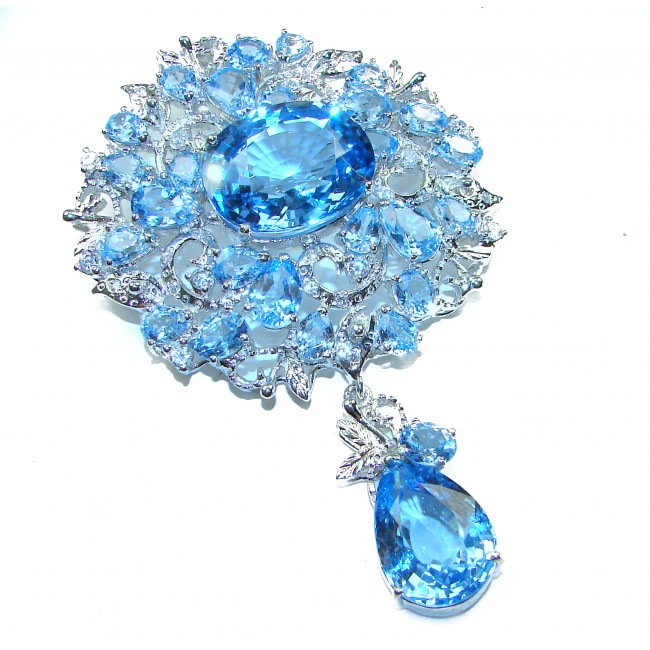 An exuberantly Large 75.5 grams Vintage style Swiss Blue Topaz .925 Sterling Silver DIPPED IN RHODIUM handmade LARGE Pendant - Brooch