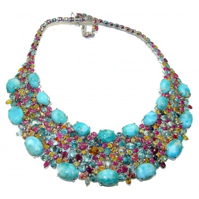 Luna 255.3 carat authentic Larimar From Dominican Republic .925 Sterling Silver handcrafted MASSIVE STATEMENT Necklace