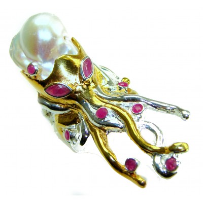 Massive Golden Mother of Pearl Octopus with Ruby eyes 18K Gold over .925 Sterling Silver handcrafted ring s. 8 1/4