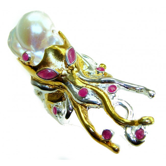 Massive Golden Mother of Pearl Octopus with Ruby eyes 18K Gold over .925 Sterling Silver handcrafted ring s. 8 1/4