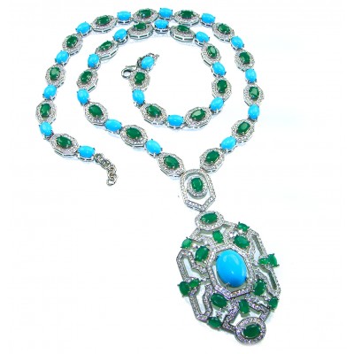 Art Deco - Pacifica - 168.4 carat Turquoise Emerald .925 Sterling Silver handmade Statement necklace; 24 inches long