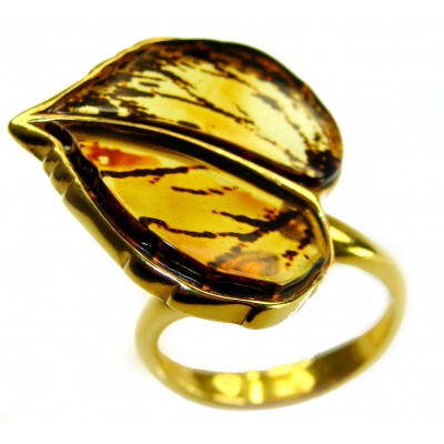 Authentic carved Baltic Amber .925 Sterling Silver dipped in 18K Gold handcrafted ring; s. 8 adjustable