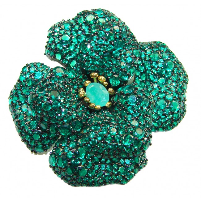 Black Label Collection - Retro Style - Rose Genuine 42.5 carat Colombian Emerald .925 Sterling Silver handmade Pendant - Brooch