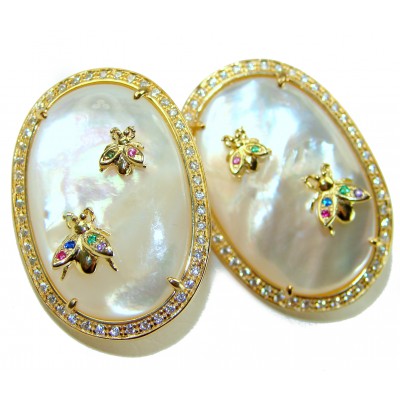 Genuine Blister Pearl lab grown Diamond 18K Gold over .925 Sterling Silver handcrafted Large Statement Earrings