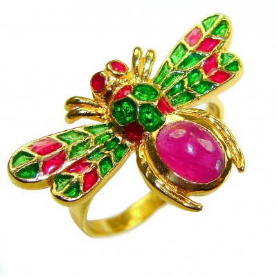 Lucky Bee Enamel 2.2 CARAT Ruby 18K Gold over .925 Sterling Silver Huge handcrafted Ring s. 7
