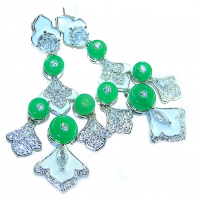 Art Deco - 8.8 carat Jade White enamel .925 Sterling Silver handmade Statement LONG Earrings