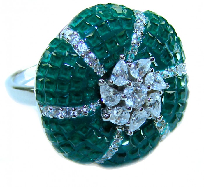 Gabriella 15.2 carat authentic Emerald rhodium over .925 Sterling Silver handcrafted Statement Ring size 6