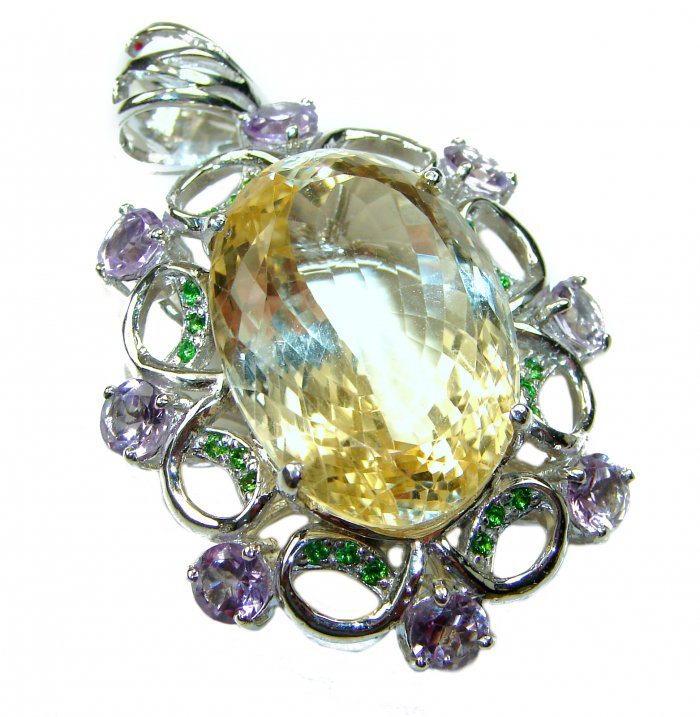 Luxurious Oval cut 32.3 carat Brazilian Citrine rhodium over .925 Sterling Silver handcrafted LARGE pendant - video