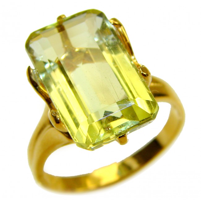 Solid 9.8 carat Genuine Lemon Quartz 18K Gold over .925 Sterling Silver handcrafted ring size 8