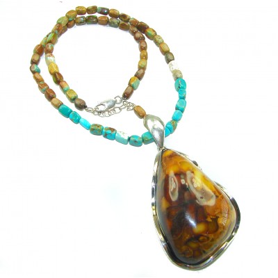 Rare!- vintage Style- natural Baltic Amber genuine Turquoise .925 Sterling Silver handcrafted necklace
