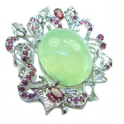 Royal quality genuine 32.5 carat Prehnite from South Africa rhodium over .925 Sterling Silver handcrafted Pendant Brooch