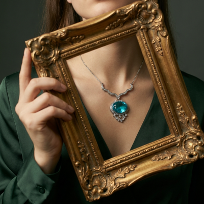 A Wild Ocean genuine 27.4 carat Paraiba Tourmaline .925 Sterling Silver handmade Statement necklace