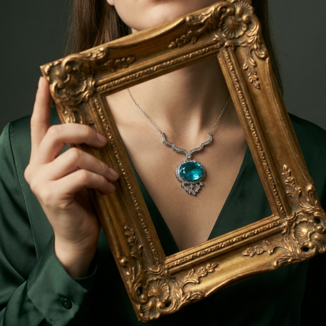 A Wild Ocean genuine 27.4 carat Paraiba Tourmaline .925 Sterling Silver handmade Statement necklace