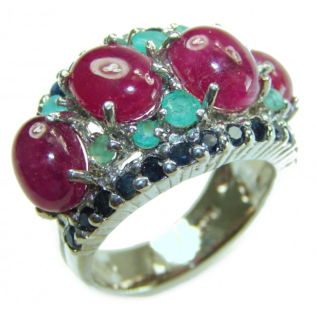 Precious natural Kashmir Ruby rhodium over .925 Sterling Silver handmade ring size 8