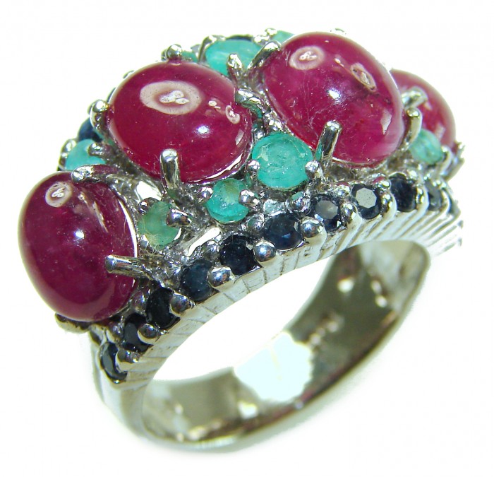 Precious natural Kashmir Ruby rhodium over .925 Sterling Silver handmade ring size 8
