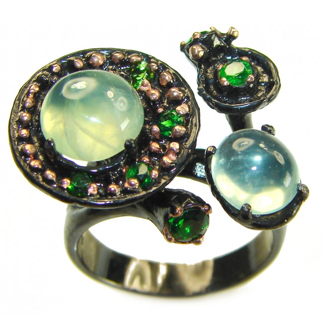 Best quality Prehnite black rhodium over .925 Sterling Silver handcrafted Ring Size 8 3/4