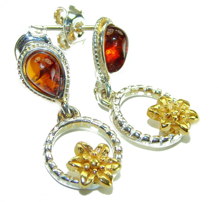 Baltic Amber 2 tones .925 Sterling Silver entirely handcrafted earrings