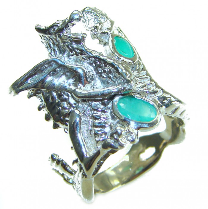 Two fighting dragons 4.8 carat Emerald .925 Sterling Silver handmade Statement Ring size 7 1/4