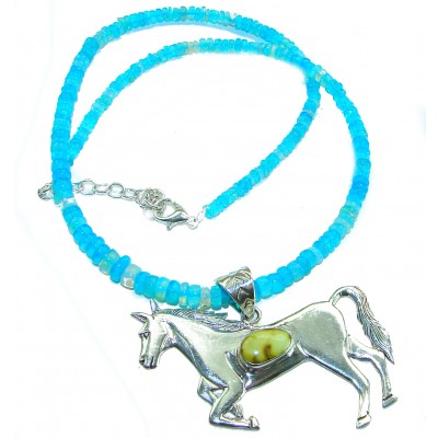 Precious Magic Horse Authentic Corrico lake Turquoise Australian Opal .925 Sterling Silver handmade Statement necklace; 18 - 20 inches long
