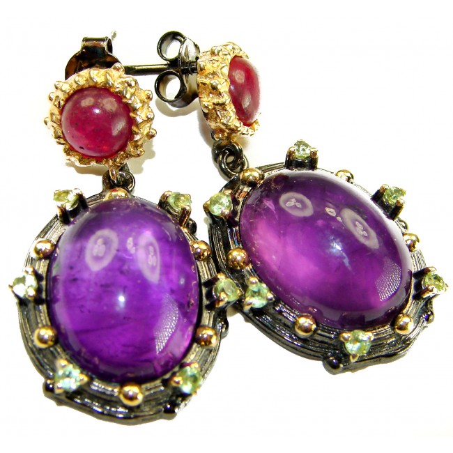Natural 22.6 carat fancy Amethyst 18K black rhodium Gold over .925 Sterling Silver handmade earrings