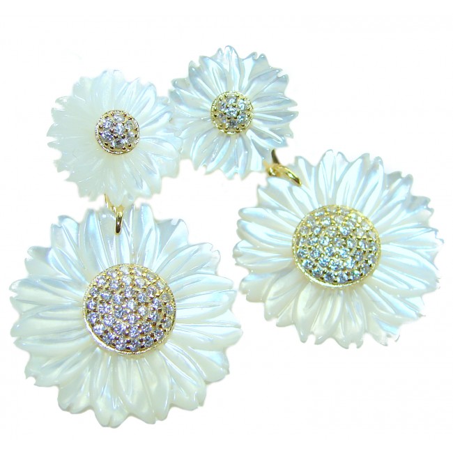 BLOOMING FLOWERS Genuine Blister Pearl 0.2 CARAT lab grown Diamond 18K Gold over .925 Sterling Silver handcrafted Statement Earrings