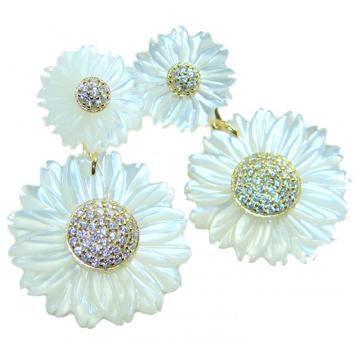 BLOOMING FLOWERS Genuine Blister Pearl 0.2 CARAT lab grown Diamond 18K Gold over .925 Sterling Silver handcrafted Statement Earrings