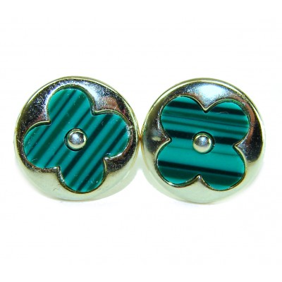 Outstanding inlay authentic Malachite Lucky Four Leaf Clover .925 Sterling Silver Earrings