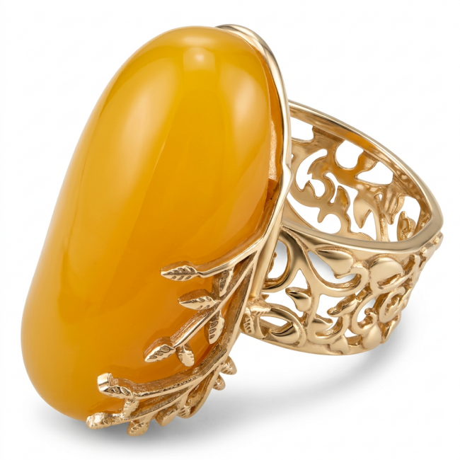 Authentic Golden Butterscotch Baltic Amber 18K Gold over .925 Sterling Silver entirely handcrafted ring; s. 7 adjustable