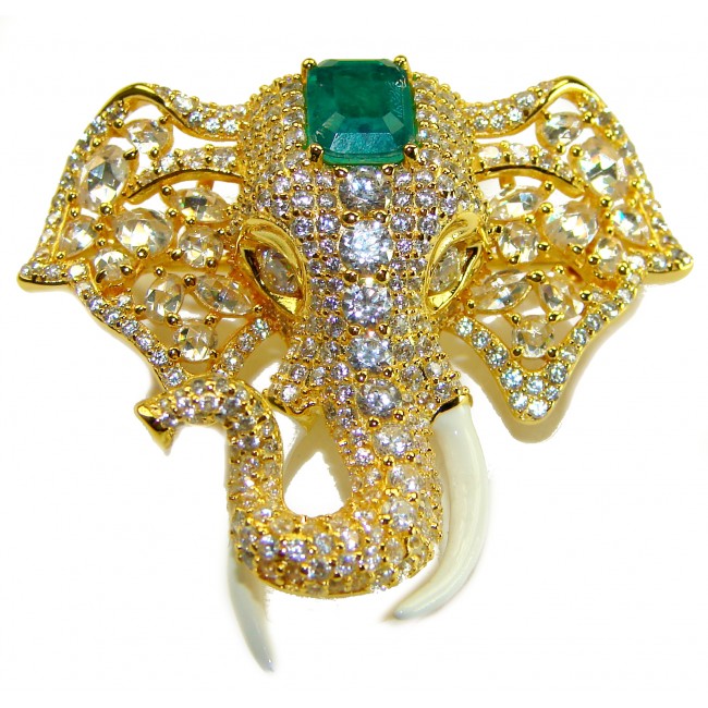 Attract YOUR Luck - ELEPHANT- 5.2 CARAT Emerald .925 Sterling Silver dipped in 22K Gold handcrafted Pendant Brooch