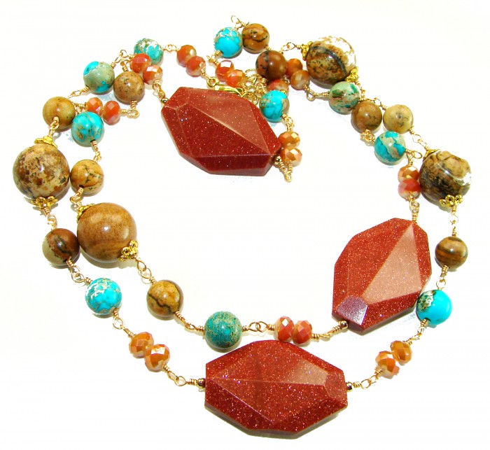 83.3 grams Rare and Unusual Red Sitara Turquoise Beads .925 Sterling silver dipped in 10K Gold NECKLACE