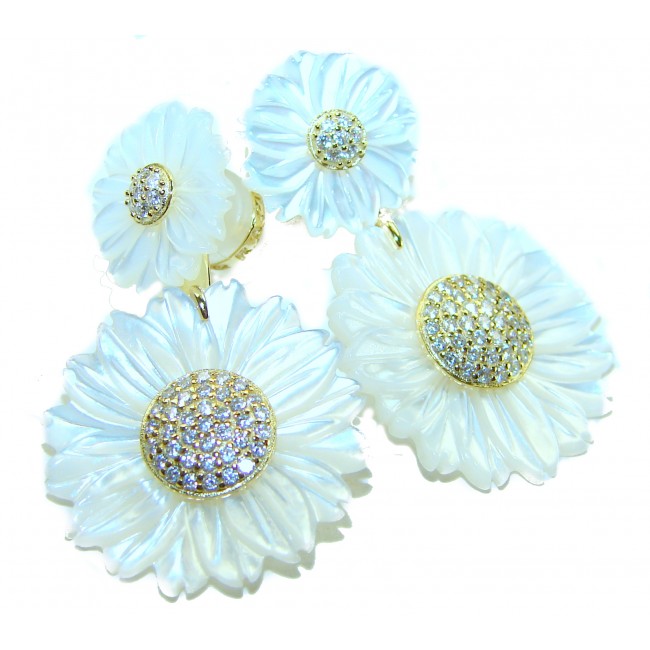 BLOOMING FLOWERS Genuine Blister Pearl 0.2 CARAT lab grown Diamond 18K Gold over .925 Sterling Silver handcrafted Statement Earrings