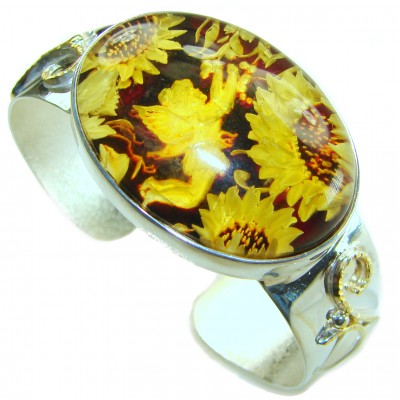 Golden Tinker Bell with Sunflowers Genuine carved Baltic Amber 2 tones .925 Sterling Silver handcrafted Bracelet / Cuff