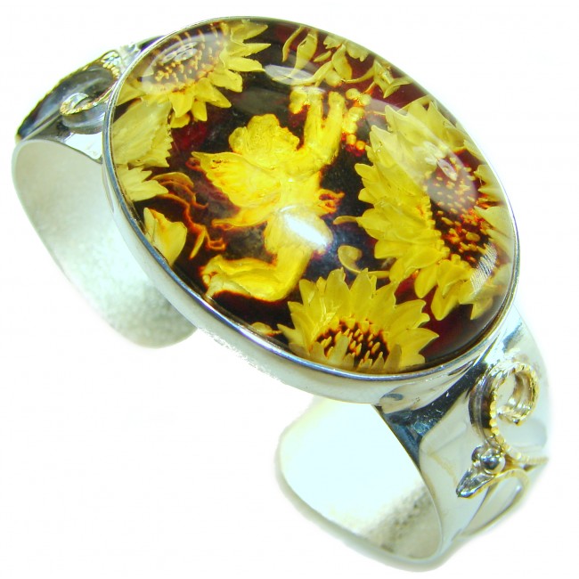 Golden Tinker Bell with Sunflowers Genuine carved Baltic Amber 2 tones .925 Sterling Silver handcrafted Bracelet / Cuff