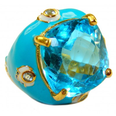 Pacifica 29.8 carat Swiss Blue Topaz 0.7 carat Diamond .925 Sterling Silver dipped in 22K Gold handcrafted Large Enamel ring size 7 3/4