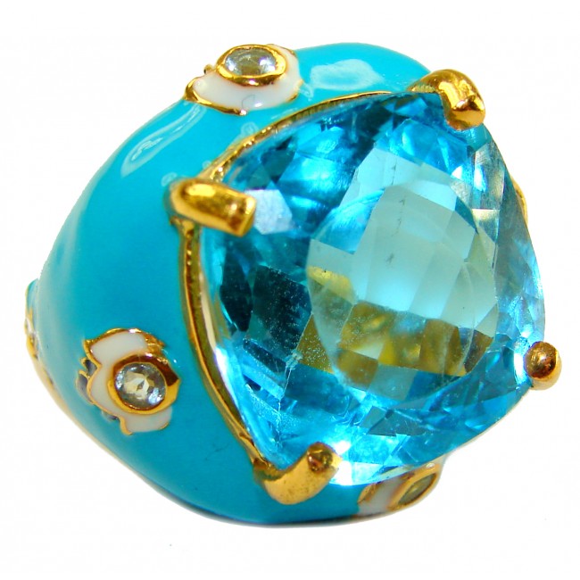 Pacifica 29.8 carat Swiss Blue Topaz 0.7 carat Diamond .925 Sterling Silver dipped in 22K Gold handcrafted Large Enamel ring size 7 3/4