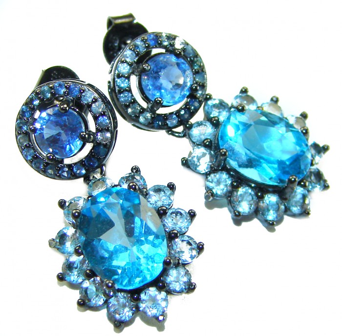 Atlantica 10.7 carat Swiss Blue Topaz .925 Sterling Silver dipped in black rhodium Handcrafted Statement earrings