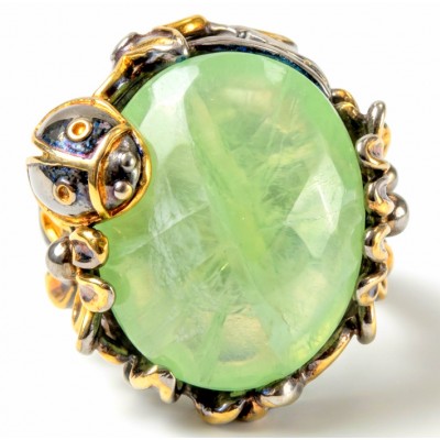Vintage Style Best quality 22.8 carat Prehnite 2 tones .925 Sterling Silver handcrafted Ring Size 7 1/2