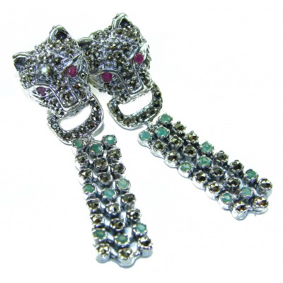 Panthère Ruby Emerald Sapphire Marcasite .925 Sterling Silver earrings