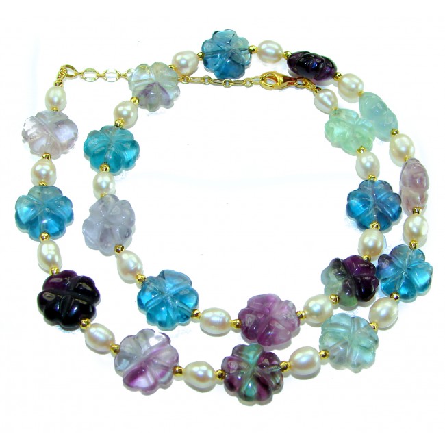 Giovanna - Top quality Natural carved Fluorite Mother of pearl .925 Sterling Silver dipped in 14K Gold handcrafted necklace