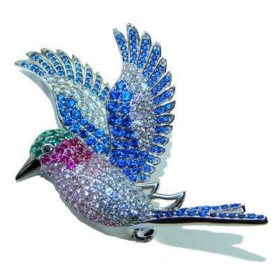 Incredible Flaying Bird Natural 15.9 carat Sapphire Ruby .925 Sterling Silver Brooch Pendant