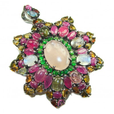Vintage style Beauty genuine Rose Quartz Brazilian Tourmaline .925 Sterling Silver dipped in black rhodum handmade Pendant - Brooch