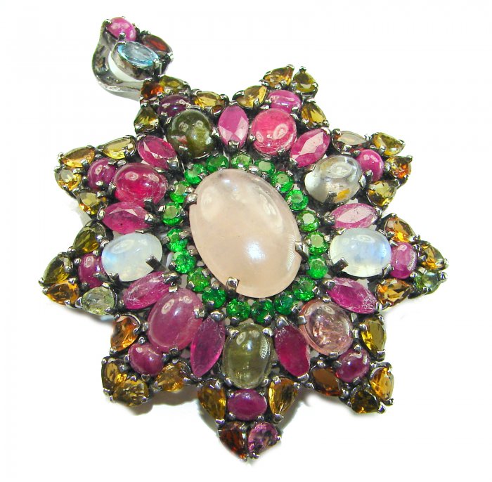 Vintage style Beauty genuine Rose Quartz Brazilian Tourmaline .925 Sterling Silver dipped in black rhodum handmade Pendant - Brooch - video