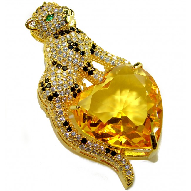Passionate Love Cheetah authentic 42.5 carat Citreine .925 Sterling Silver dipped in 18K Gold Handcrafted pendant brooch