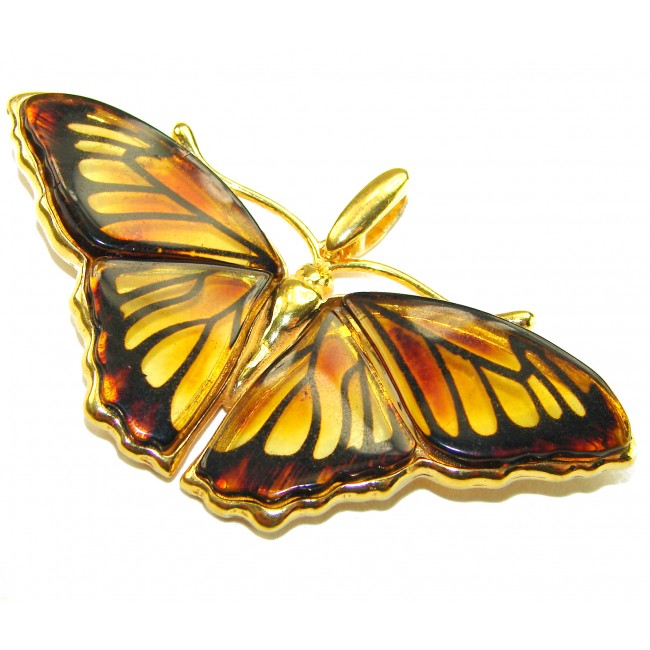 Large - Golden Butterfly natural carved Baltic Amber .925 Sterling Silver dipped in 22K Real Gold handmade Pendant
